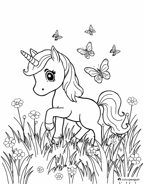 A Baby Unicorn Playing with Butterflies