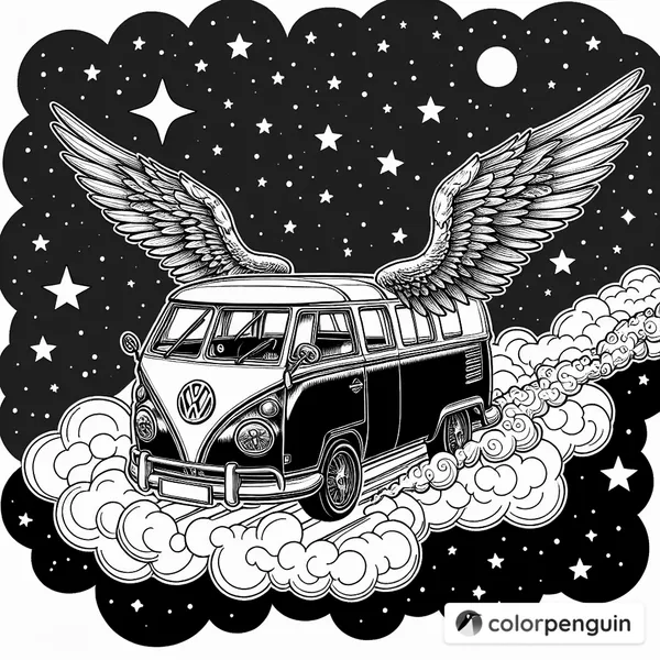 Flying VW Van with Wings in Space