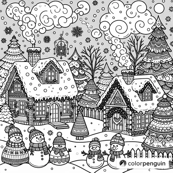 Winter Wonderland with Cozy Cabins and Cheerful Snowmen