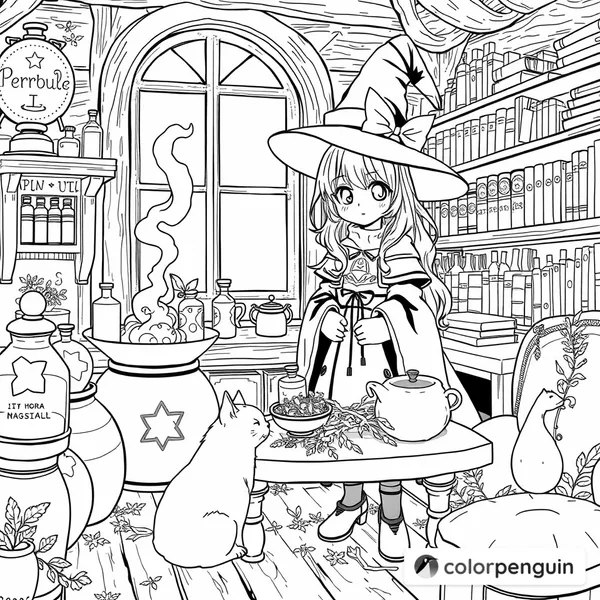 Anime Witch Girl Brewing Potion