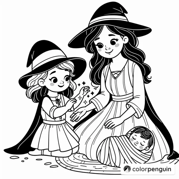 Family Witch with Girl and Baby