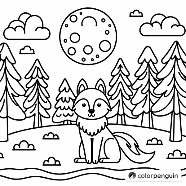 Wolf in the Forest with Full Moon