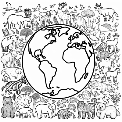 Animals With Earth Coloring Page