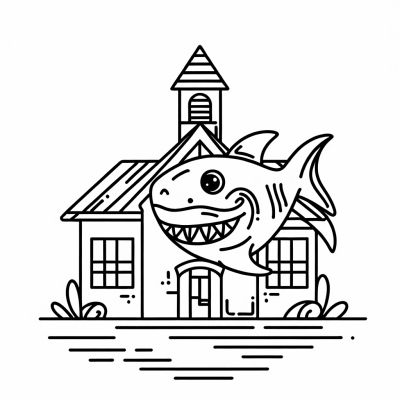 School House With Shark Coloring Page