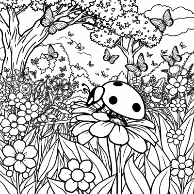 A Ladybug In A Garden Full Of Flowers And Trees Coloring Page