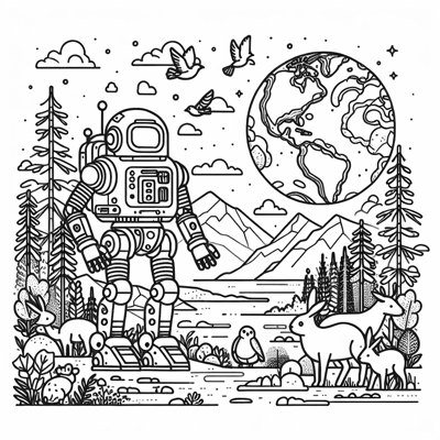 A Robot Lost On Earth Looking At The Animals Coloring Page