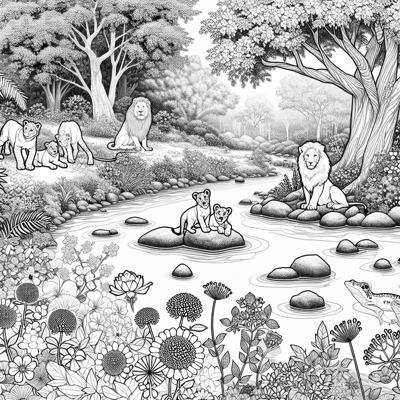 A Scene Of A Beautiful Garden With A Creek Running... Coloring Page