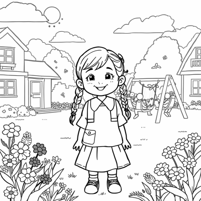 A Little Girl Wearing A School Uniform With Two... Coloring Page