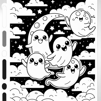 Cute Ghosts Dancing On The Moon Coloring Page