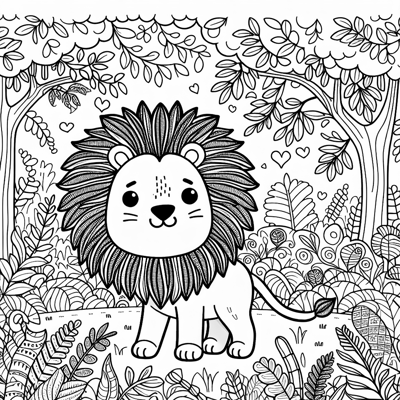 Cute Lion In The Jungle Coloring Page