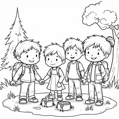 Image Of Elementary School Children Camping Coloring Page