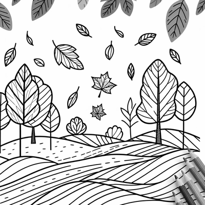 Simple Autumn Landscape With Leaves Falling From... Coloring Page