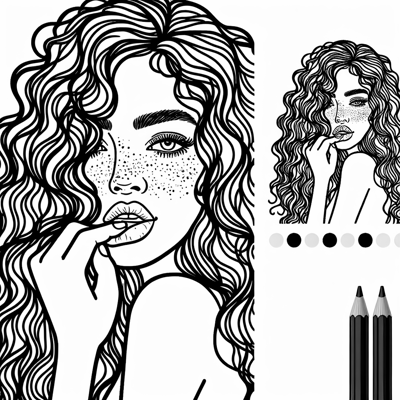 Face Of A Woman With Long Curly Hair And Freckles... Coloring Page