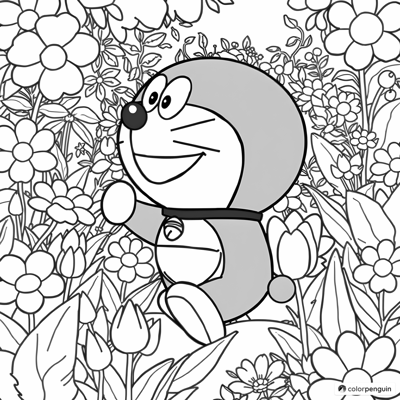 Curious Doraemon In The Flower Garden Coloring Page