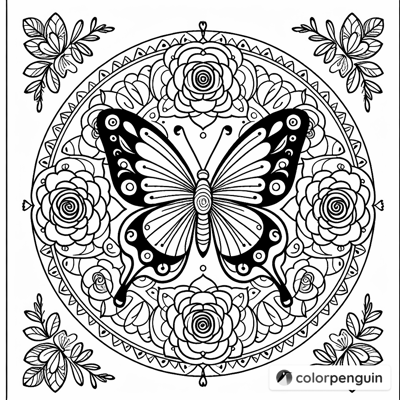 Butterfly Mandala With Roses Coloring Page