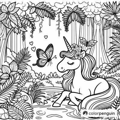 Unicorn With Butterfly In The Rainforest Coloring Page