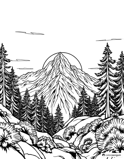 Mountain Peak Sunrise View Coloring Page
