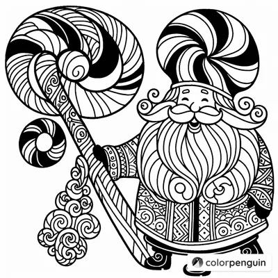 Santa Claus With A Big Candy Cane Coloring Page