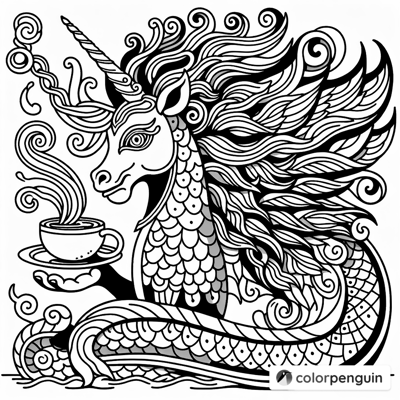 Magical Dragon Unicorn Enjoying Coffee Coloring Page