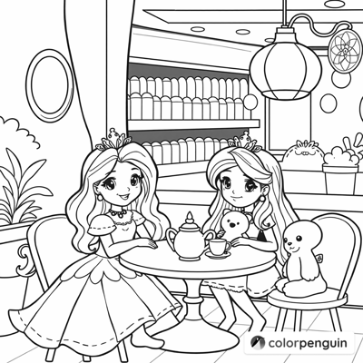 Three Little Princesses Having A Tea Party Coloring Page