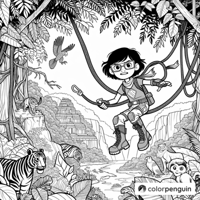 Adventurous Superhero Girl In The Jungle Coloring Page
