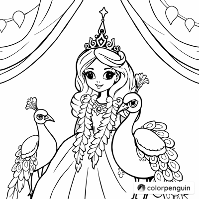 Princess Costume Party With Peacocks Coloring Page