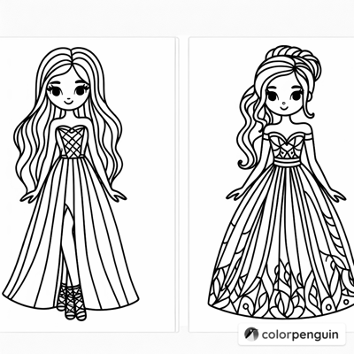 Girls With Long Hair And Elegant Dresses Coloring Page