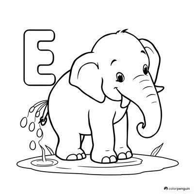 E For Elephant Spraying Water Coloring Page