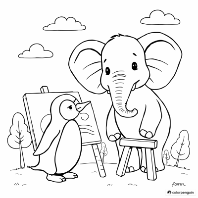 Penguin Painting An Elephant Coloring Page