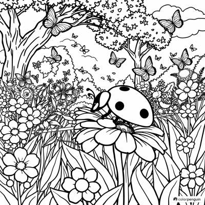 A Ladybug In A Blossoming Garden Coloring Page