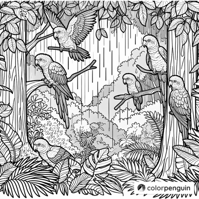 Green Cheek Conures In A Rainy Forest Coloring Page
