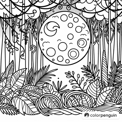Mystical Jungle Under The Moon Coloring Page