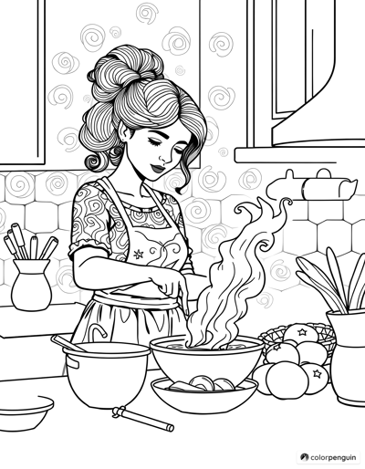 Woman Cooking In The Kitchen Coloring Page