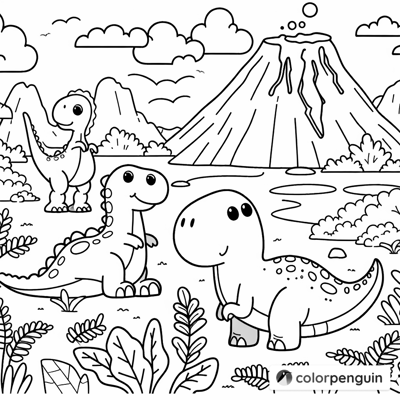 Cute Dinosaurs In A Prehistoric Landscape Coloring Page