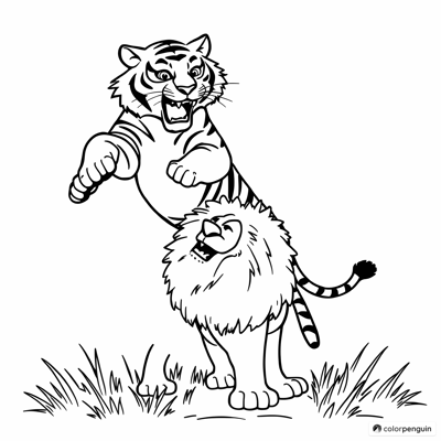 A Tiger Leaping Over A Lion Coloring Page