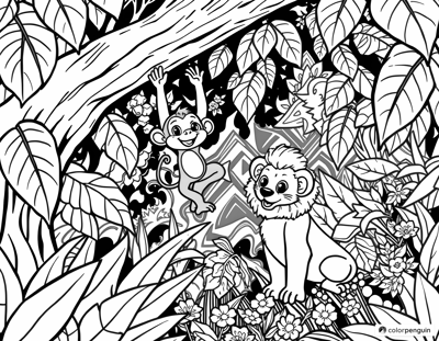 Cheerful Monkey And Curious Lion Cub Coloring Page