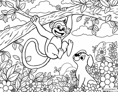 Cheerful Monkey And Curious Toto Coloring Page