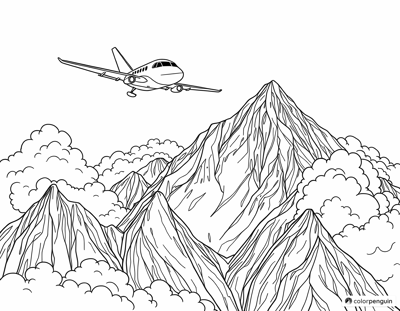Airplane Above The Mountains Coloring Page