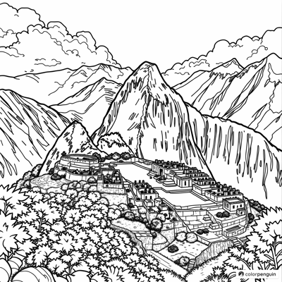Machu Picchu And Majestic Mountains Coloring Page