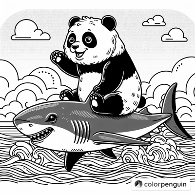 Panda Surfing On A Shark Coloring Page