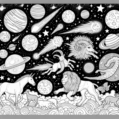 Cosmic Wildlife Safari With Comets As Animals Coloring Page
