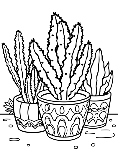 Potted Cactus And Plants Coloring Page
