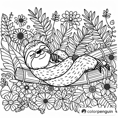Sleepy Sloth In A Flower Bed Coloring Page