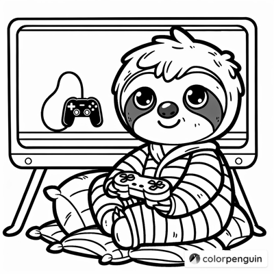 Sloth In Pajamas Playing Minecraft Coloring Page