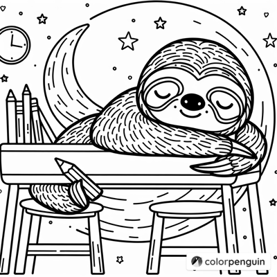 Sloth Taking A Nap At School Desk Coloring Page