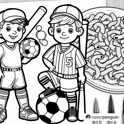 Soccer And Baseball Fun With Macaroni And Cheese Coloring Page