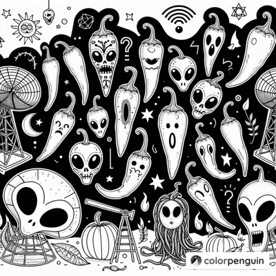 Spooky Chili Peppers With Alien Faces Coloring Page