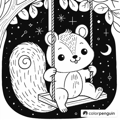 Cute Squirrel On A Swing Coloring Page