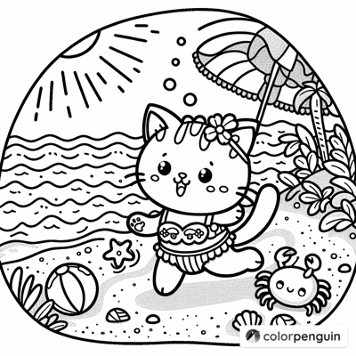 Beach Day Cat Coloring Page
