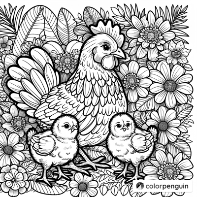 Chicken And Two Chicks In A Flower Garden Coloring Page